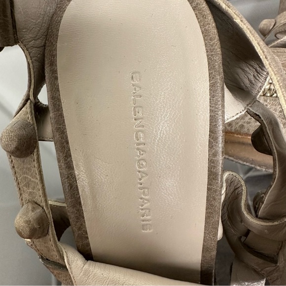 Balenciaga Leather Arena Studded Strappy Raffia Wedge Sandals - Picture 5 of 5